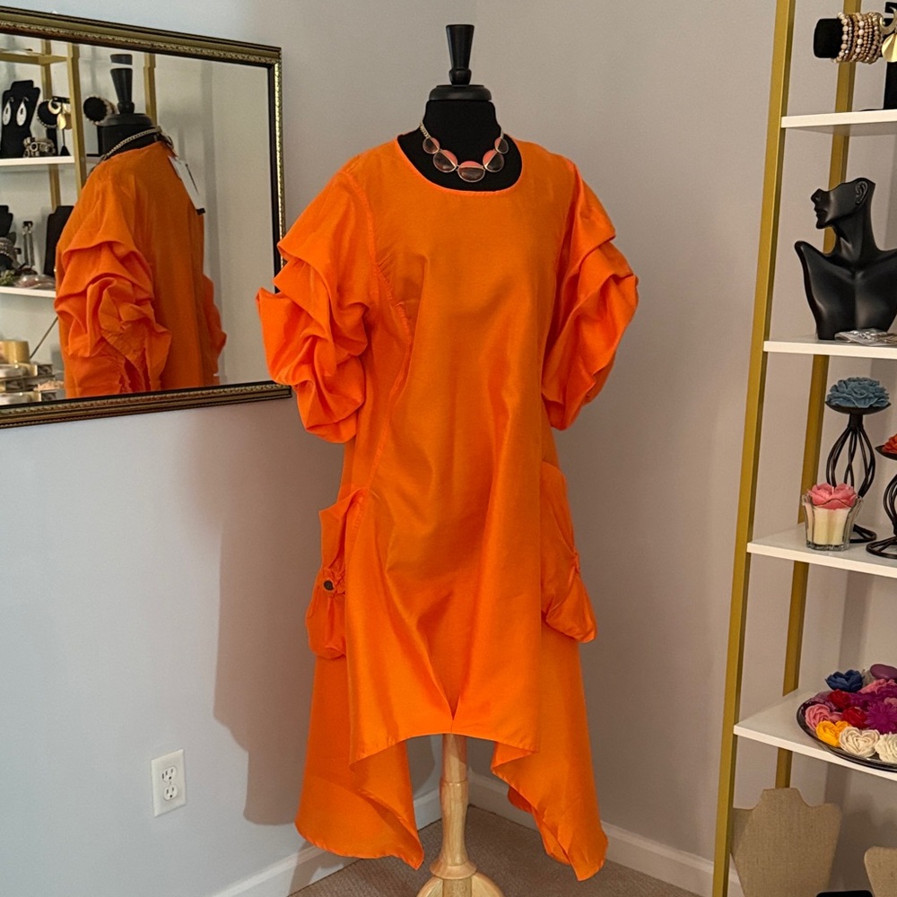Vibrant Orange Midi Dress with Ruffle Sleeves